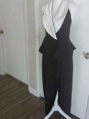 Jessica Howard Black Jumpsuit with White Satin Drape